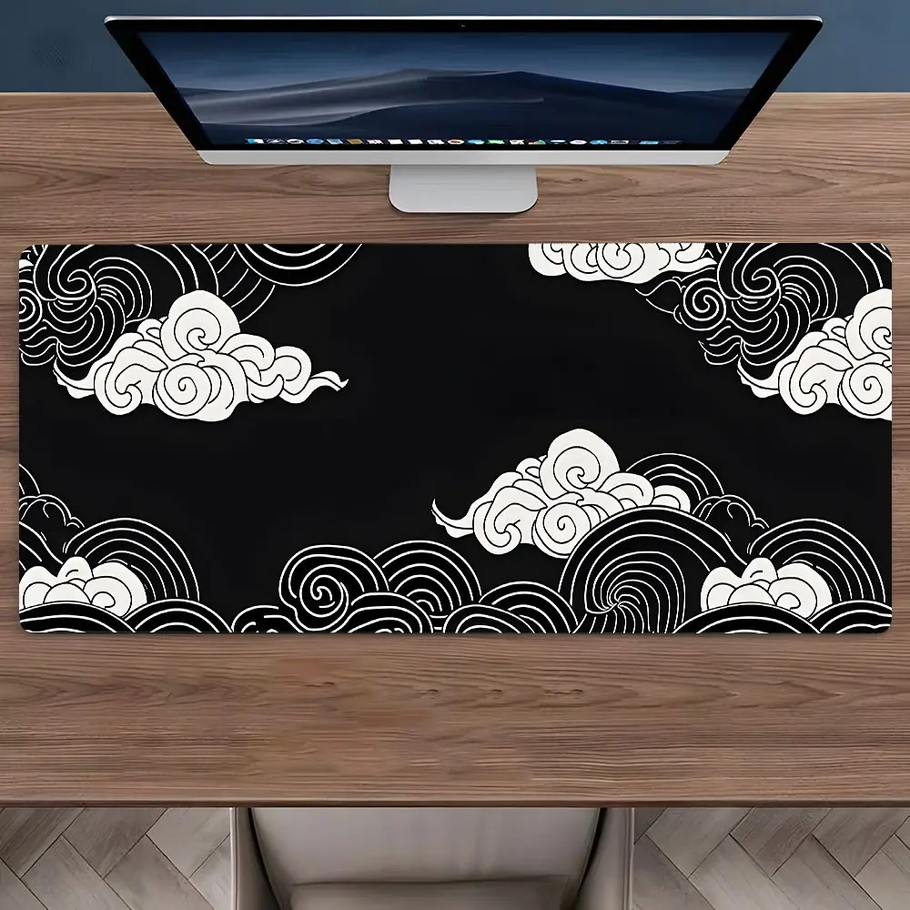 1 Piece Black White Cloud Large Gaming Mouse Pad, Artistic Vintage Ukiyo-e Non-Slip Rubber Base Stitched Lock Edge Desk Mat, Durable Computer Suitable for Home Office & Gaming Setup,Perfect Gift For Gamers Colleagues