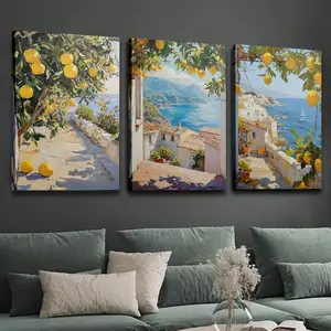 3-piece wooden frame with Amalfi Coast lemon print, Italian printed wall art, Italian cityscape painting, creative canvas poster, waterproof canvas wall art, wall painting, gift, bedroom and living room wall art, home and dormitory decoration