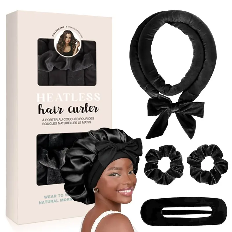 Heatless Curling Wand Set, No Heat Damage Sleep Curler, Heatless Curls Overnight, Lazy Hair Styler, Heatless Styling Tools, Velvet Bow Hair Organizer, Hat, Clips, Elastic Bands, Heatless Curlers