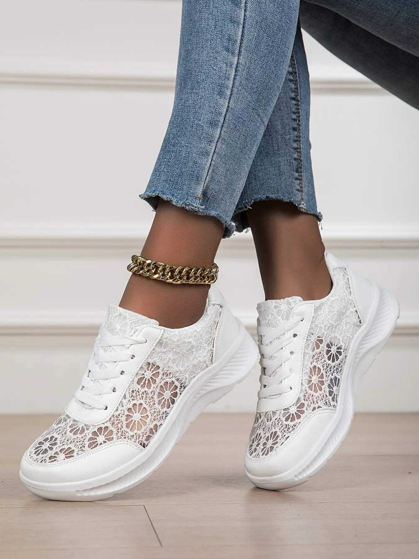 Women's Floral Cut-Out Lace Sneakers, Lace Up Sneakers, Breathable Mesh, Shock Absorbing Thick Sole, Adjustable Laces, Casual Summer Shoes