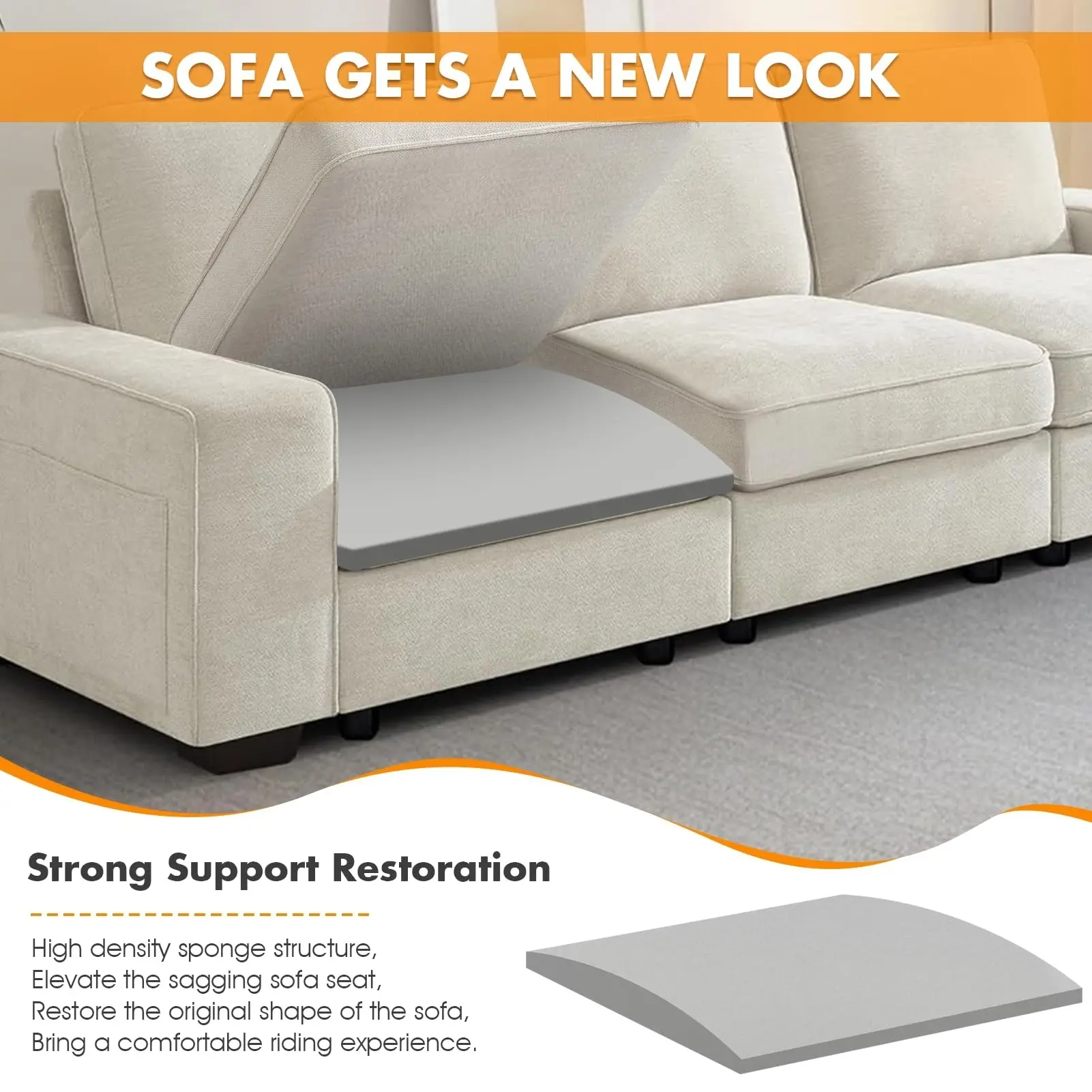 Arc-Shaped High-Density Sponge Sofa Cushion, Non-Slip Repair Pad, High Resilience Long-Lasting Support, Suitable for All Sofas