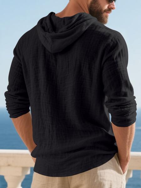 Men's Casual Long Sleeve Hooded Linen Shirt, Loose Fit Beachwear, Comfortable Breathable Spring Summer Vacation Clothing, Durable Daily Use