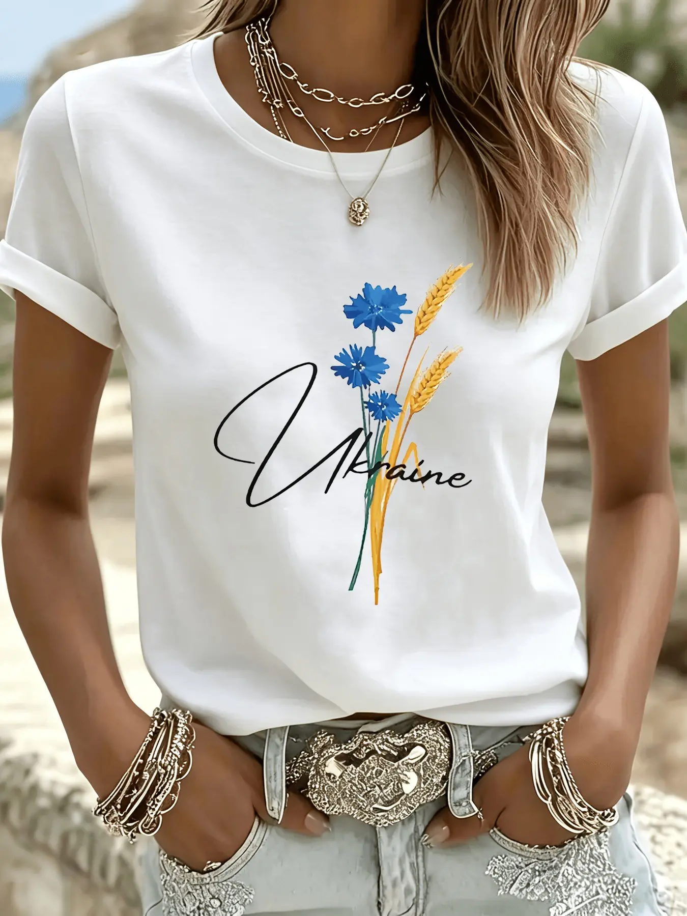 Ukrainian Wheat Flower Print T-Shirt, Women's Round Neck Short Sleeve Top, Casual Comfortable, All Seasons