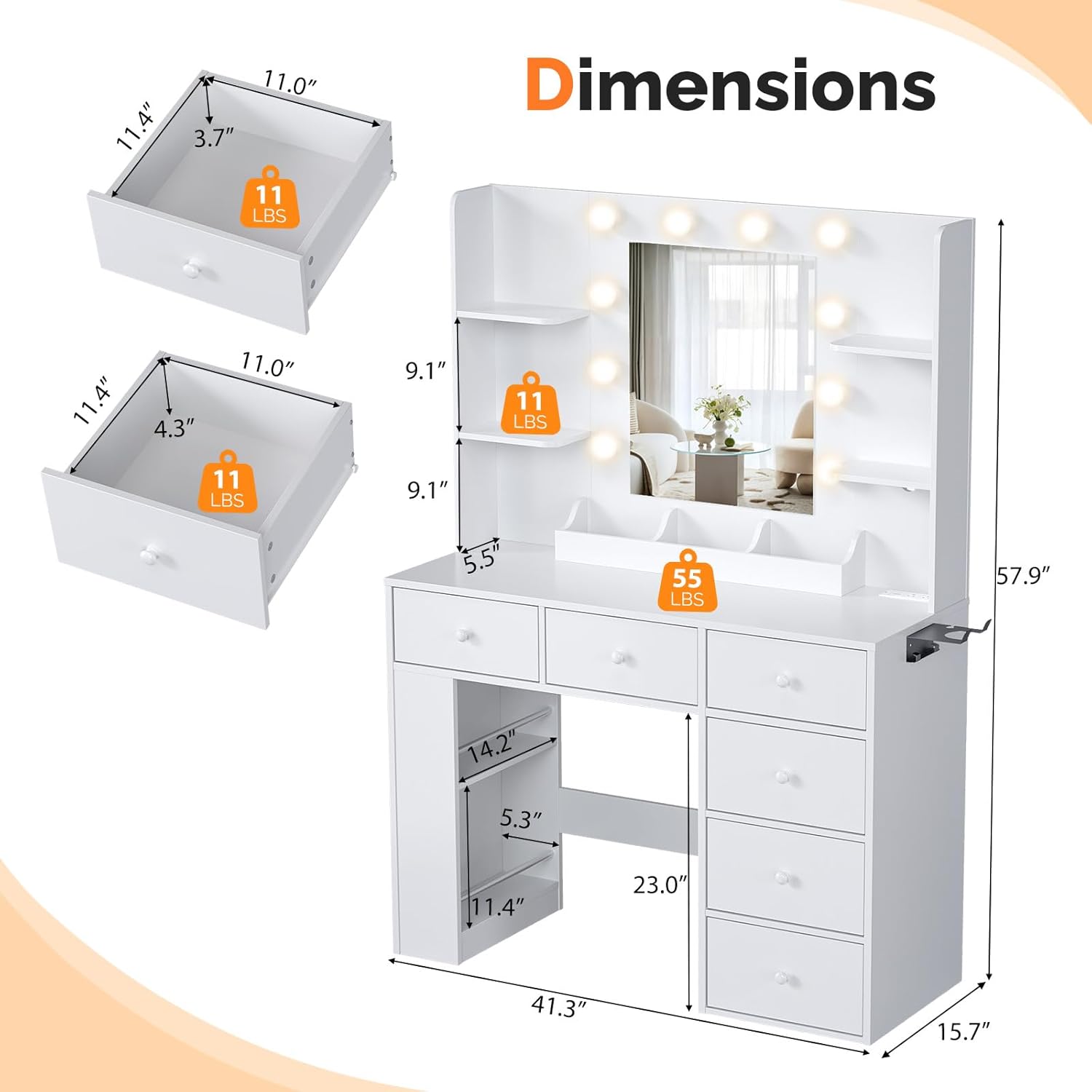 VINGLI Vanity Desk with Mirror and Lights, Makeup Vanity Table w/ 6 Storage Drawers & Shelevs, 58in Dressing Table Built in Hollywood Bulbs & Charging Station & Hairdryer Holder, Gifts for Girls VINGLI Vanity Desk with Mirror and Lights, Makeup Vanity Table w/ 6 Storage Drawers & Shelevs, 58in Dressing Table Built in Hollywood Bulbs & Charging Station & Hairdryer Holder, Gifts for Girls