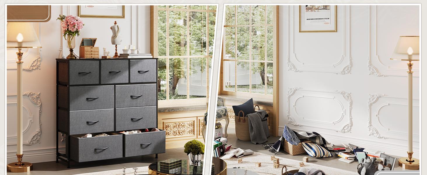 9-Drawer Dresser, Fabric Storage Tower for Bedroom, Hallway, Entryway, Closet, Tall Chest Organizer Unit with Fabric Bins, Steel Frame, Wood Top, Easy Pull Handle, Dark Grey