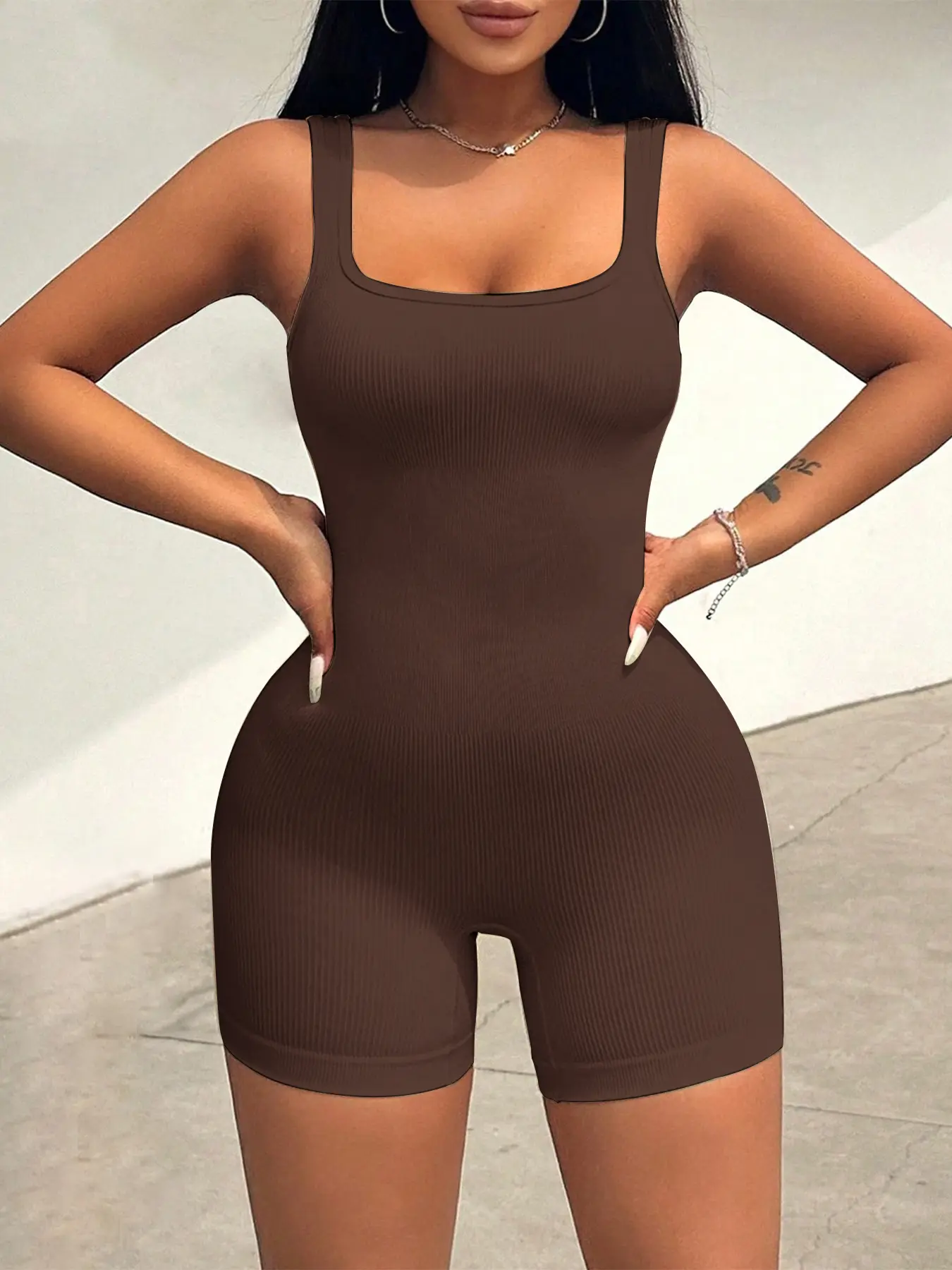 Women's Ribbed Shapewear Jumpsuit, Waist Cinching Butt Lifting, Slimming Flat Short Pants, Pure Color Sports Yoga Jumpsuit, All Seasons Casual Style, Shaping Yoga Jumpsuit