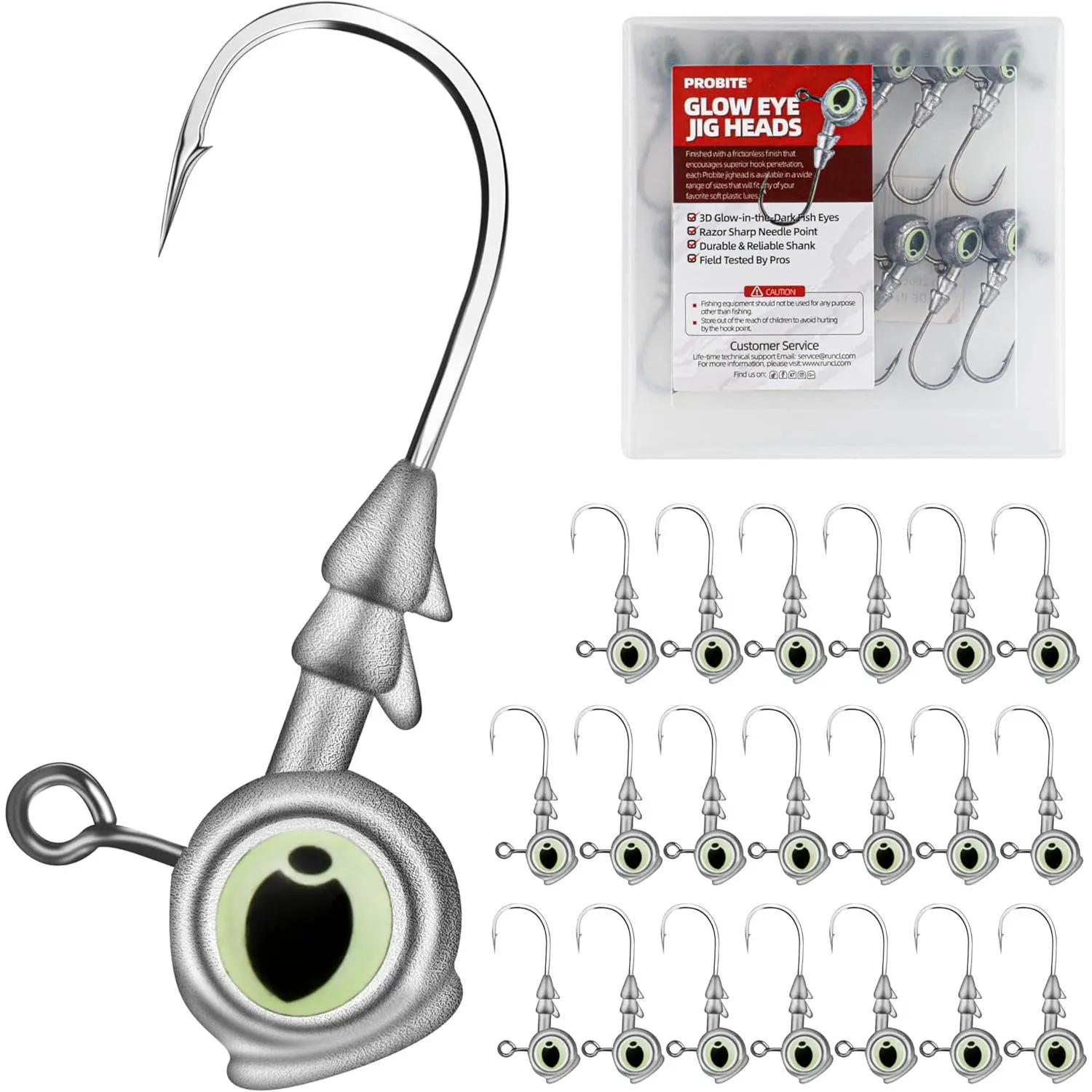 20PCS Luminescent Eyes Jig Head Set, Fishing Jig Heads with Sharp Carbon Steel Hooks, 4 Assorted Sizes for Soft Plastic Swimbaits, Freshwater & Saltwater Fishing