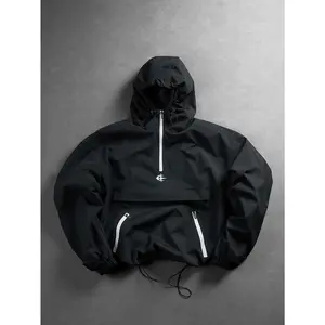Men's Black Streetwear Zip Up Hooded Jacket with White Graphic Print, Trendy Urban Windbreaker Coat for Men, Lightweight Techwear Sports Jacket with Abstract Logo, Casual Outerwear for Spring & Fall.