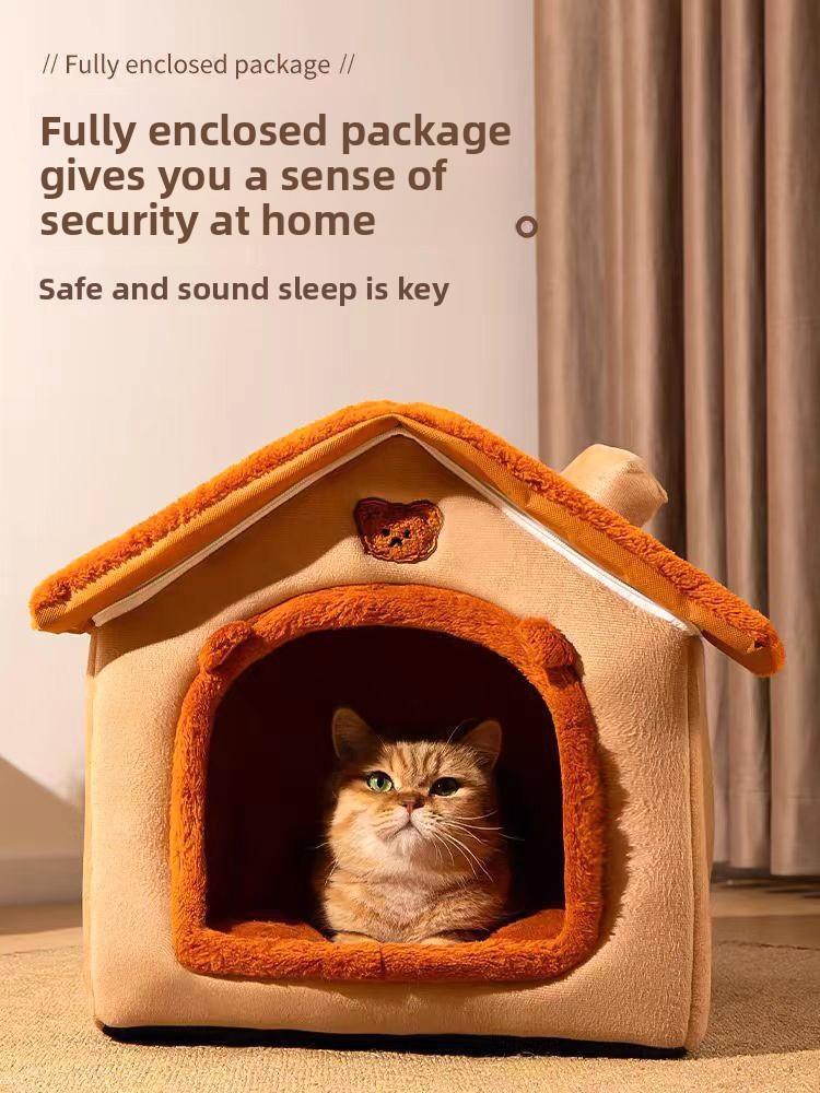 All-Season Warm Enclosed Cat House Villa Washable Removable Cover Cozy Pet Nest Warm Cave Bed for Cats Small Dogs