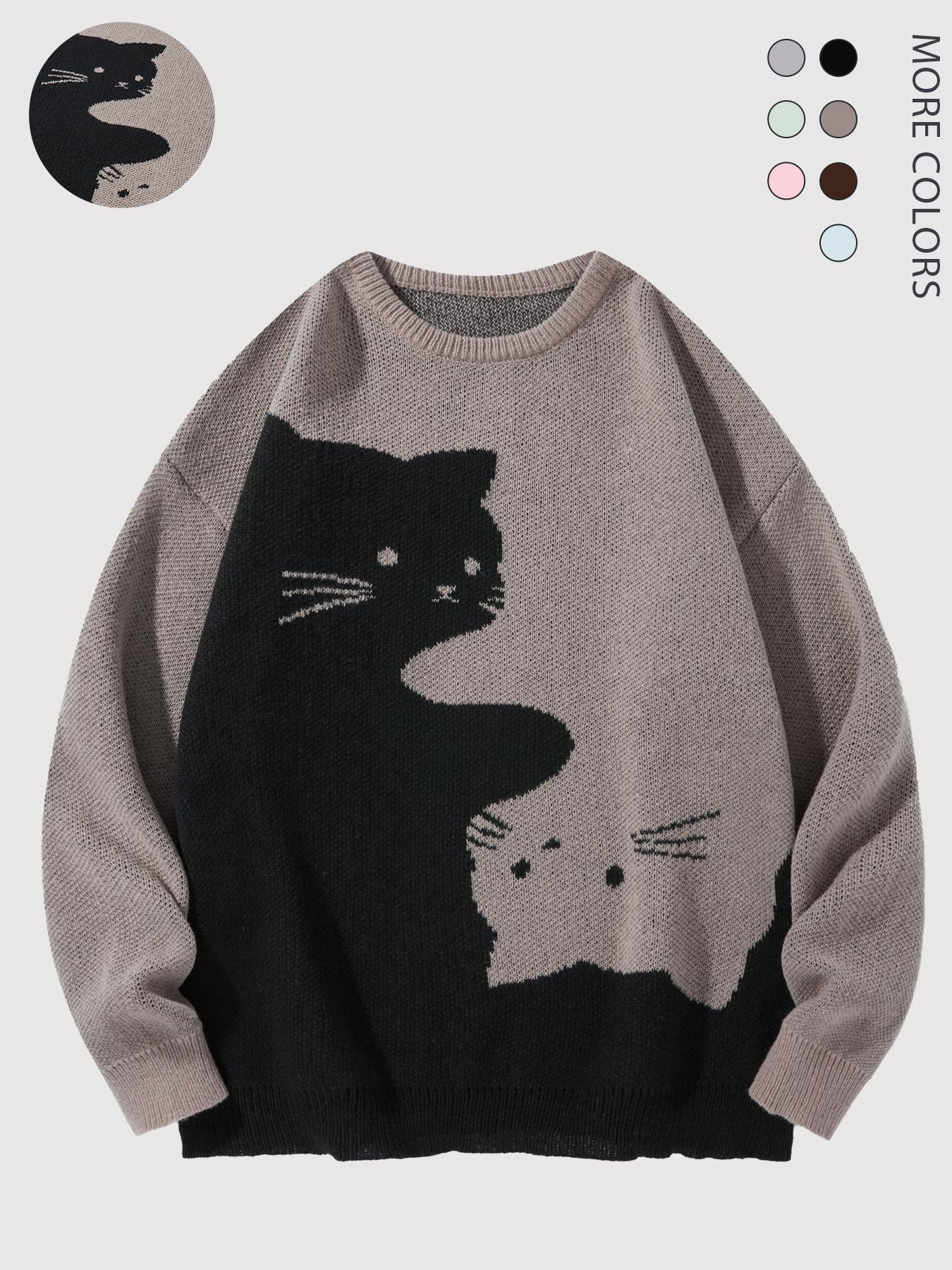 Men's Cute Baggy Cat Print Knit Pullover - College-Style Round Neck Long Sleeve Polyester Sweater for Autumn Winter Casual Wear, Boyfriend Birthday Gift, Oversized Loose Mens Top to Match Jeans