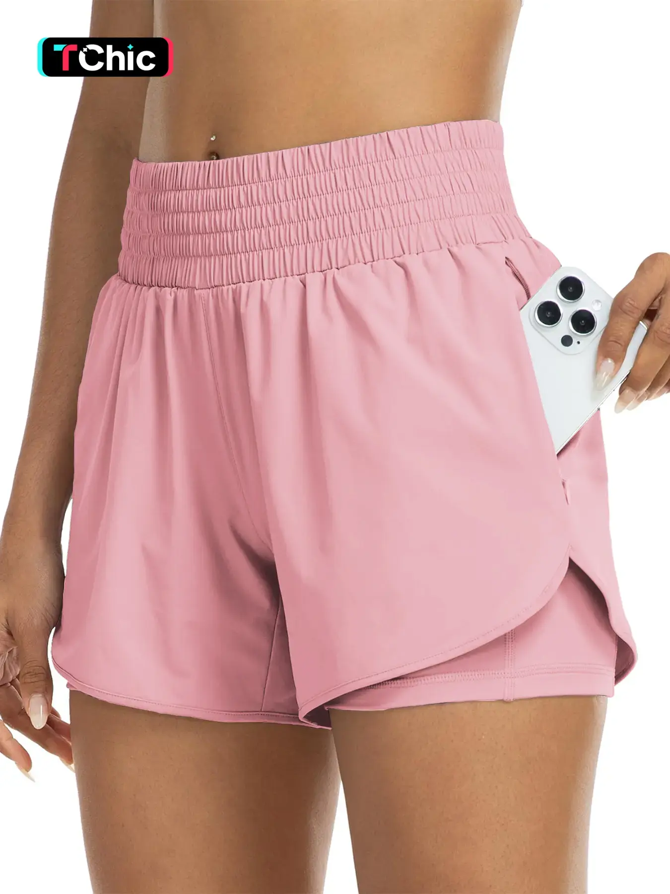 Women's Basic Solid Color High Waist Double-Layer Shorts with Pocket Design, Casual Style Comfy Breathable Fitted Skinny Shorts for Daily Wear, Ladies' Bottoms for All Seasons