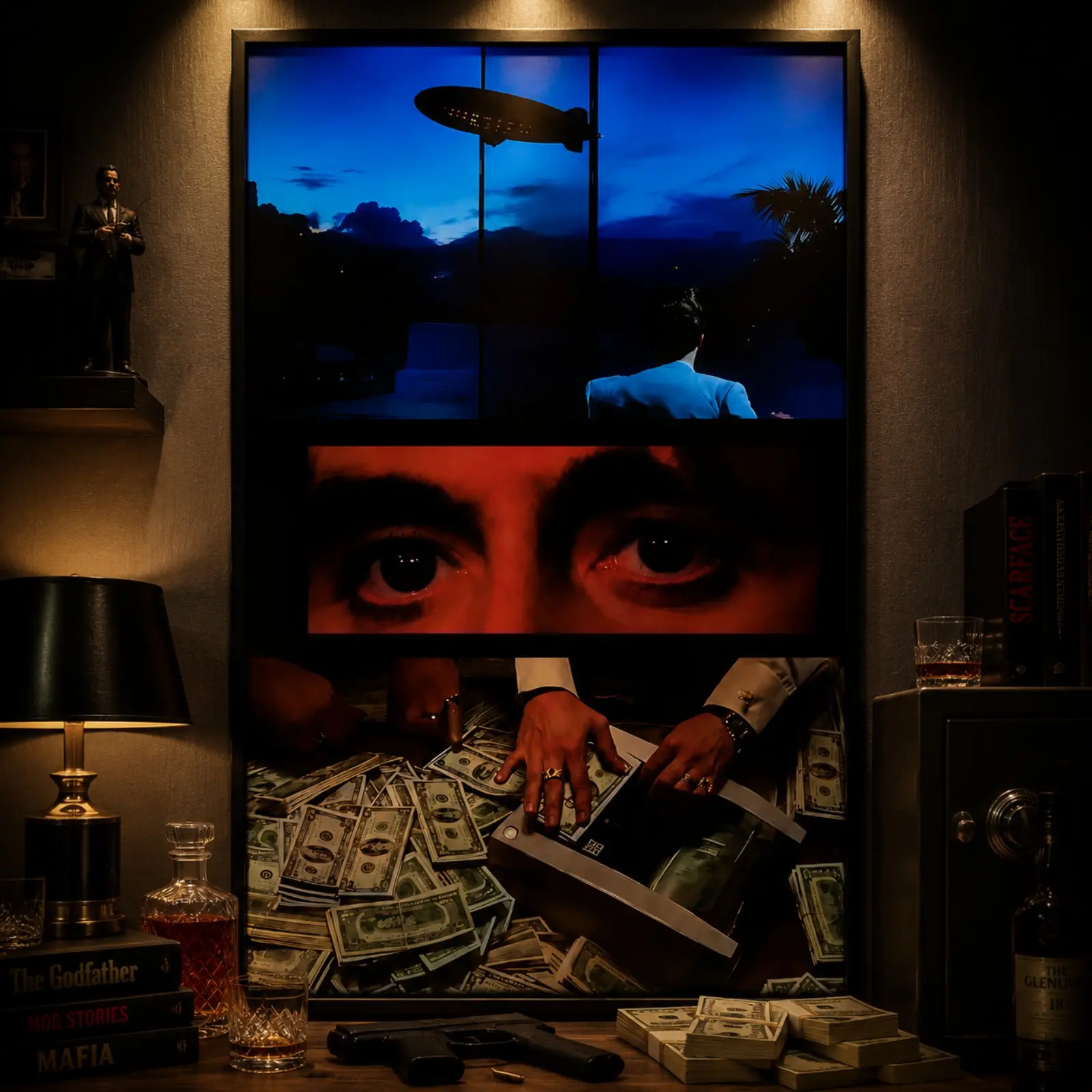 Vintage Scarface Money Canvas Print - Gangster Art Wall Decoration, Fade-Proof Ink, Multi-Size Luxury Aesthetic Decor for Man Cave, Movie Collectible