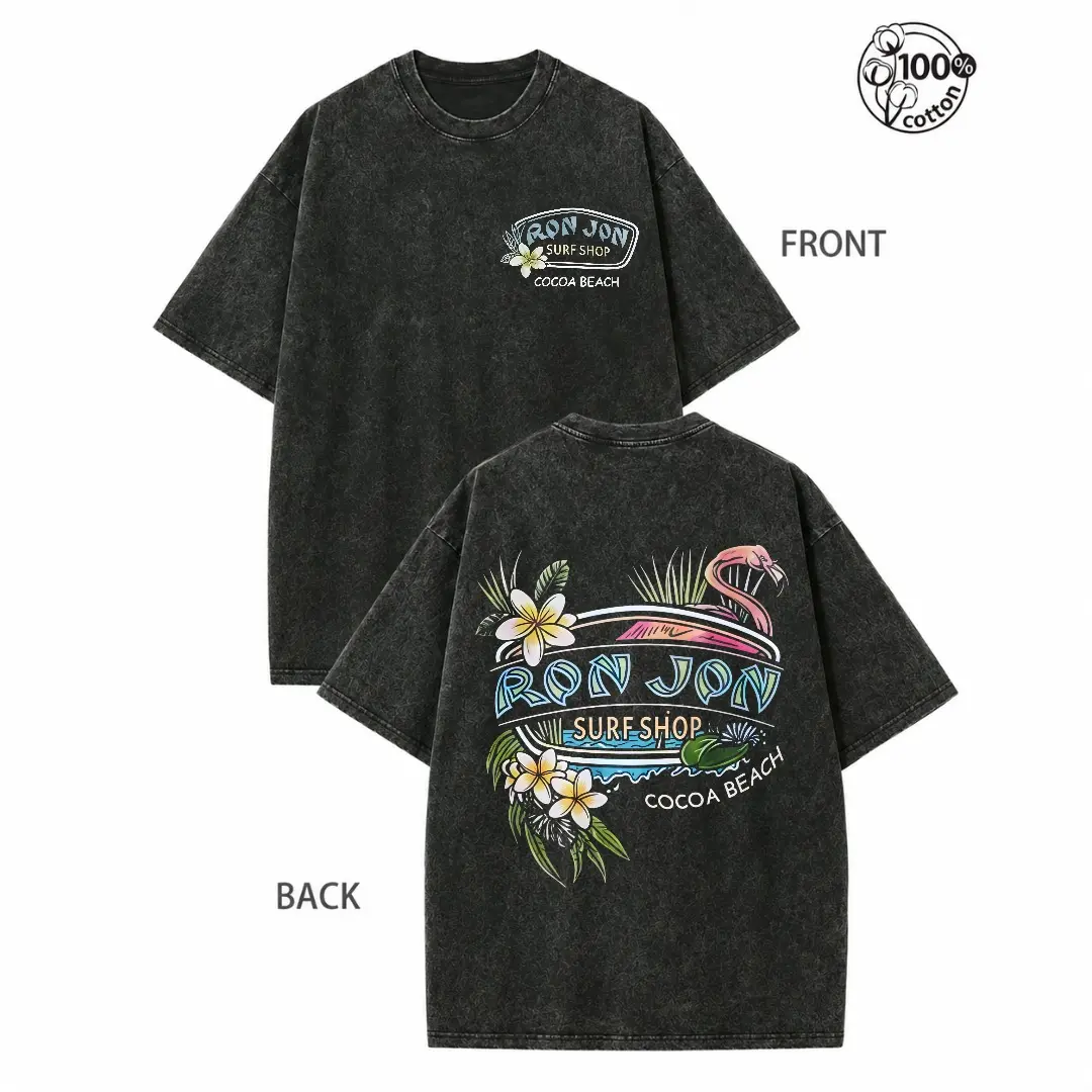 Vintage Graphic T Shirts for Women, Casual Short Sleeve Tops with Flamingo Surf Print, Heavyweight Washed Cotton Oversize Crewneck Beachwear