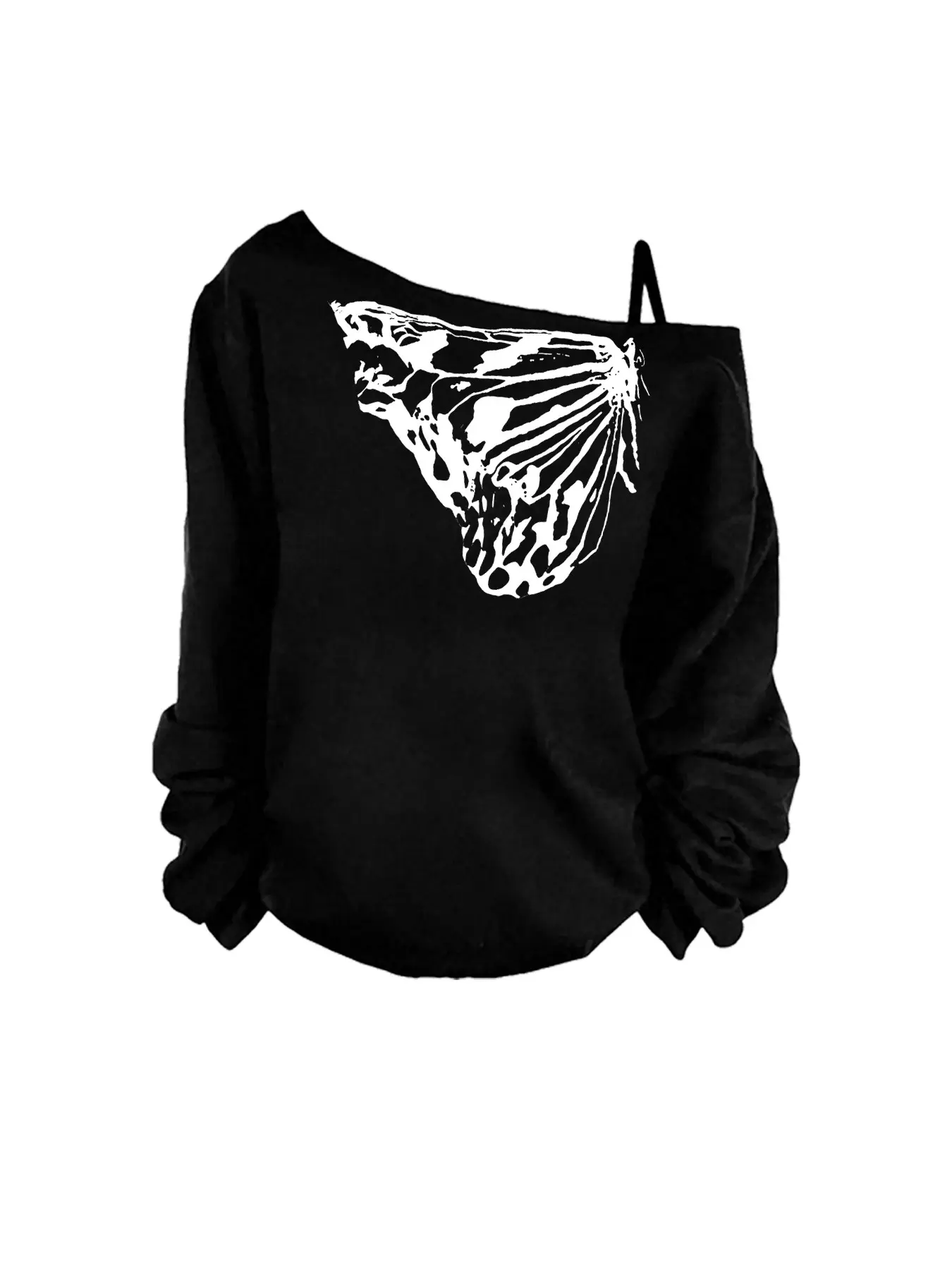 Women's Asymmetrical One-Shoulder Long Sleeve T-Shirt, Butterfly Design, Loose Fit, Spring & Fall Essential, Fashionable Top
