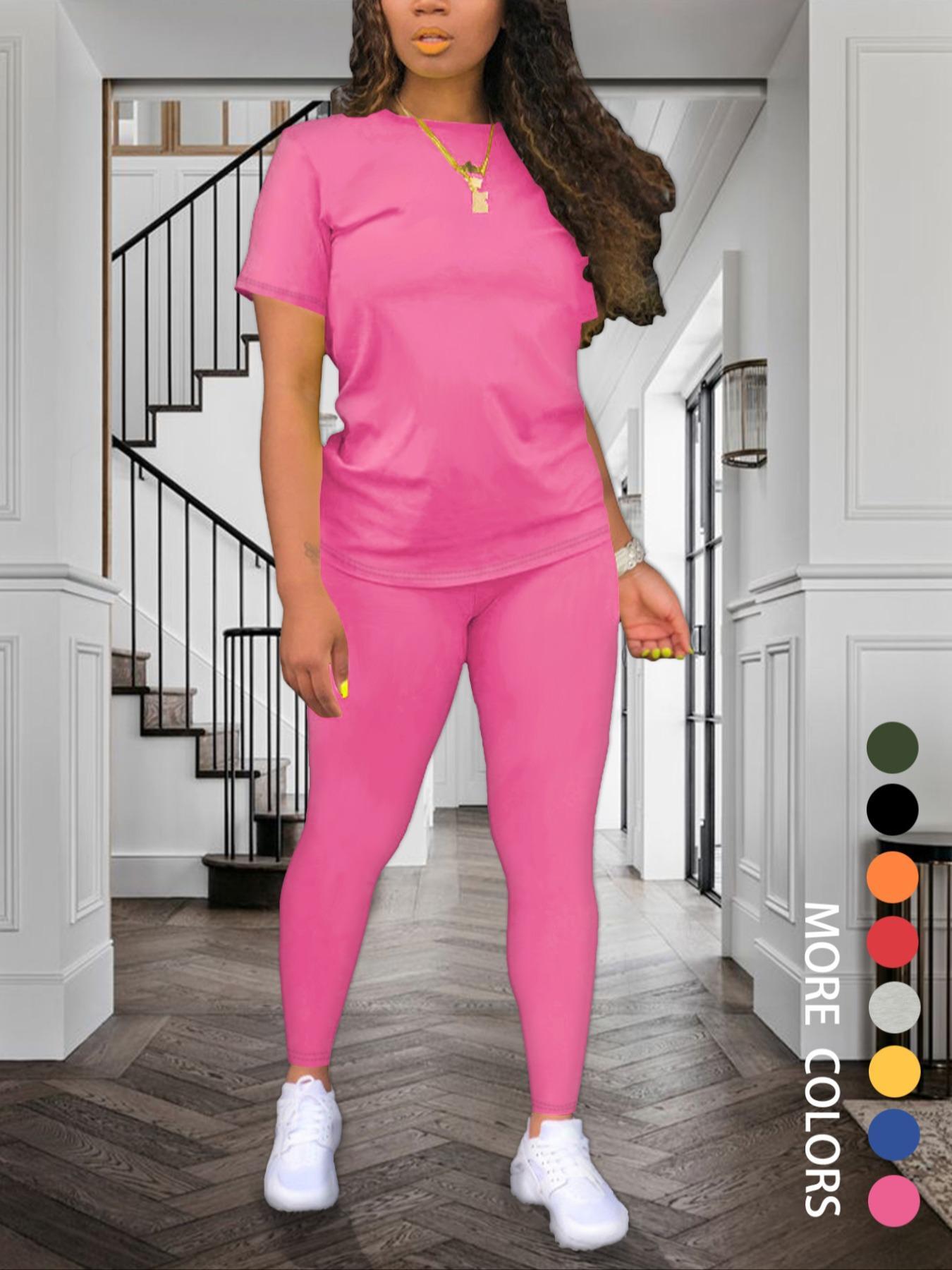 Women's Solid Color Round Neck Fitted Tee & Leggings Set, Summer Clothes, Short Sleeve T-shirt & Skinny Pants, Summer Clothes for Daily Wear