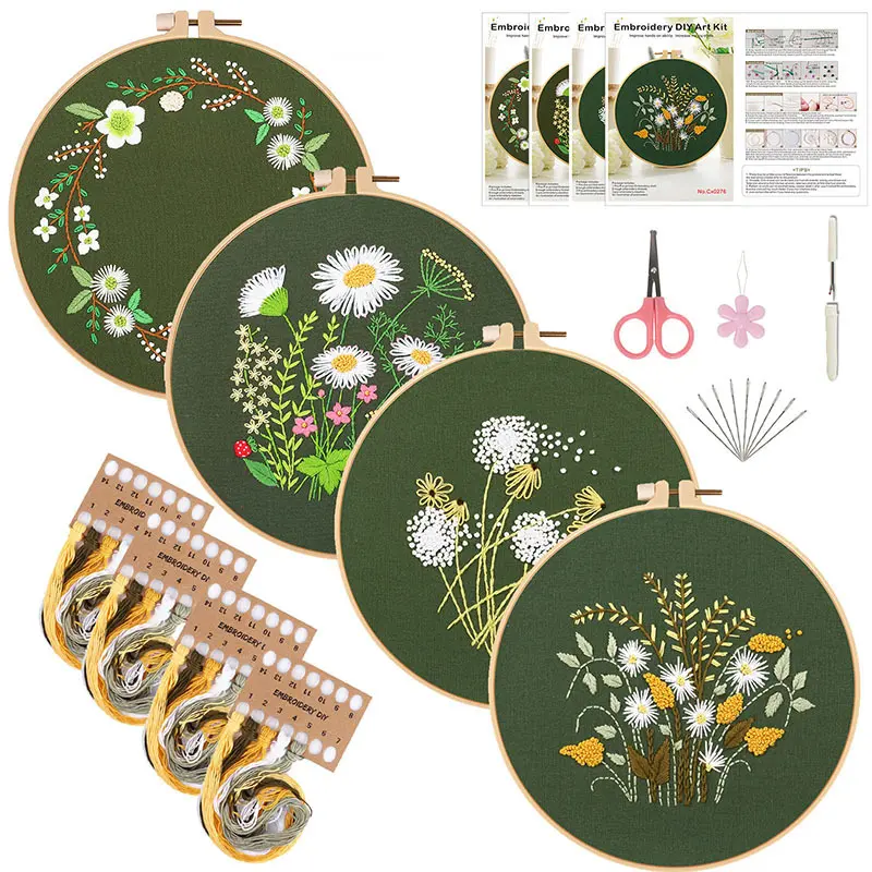 Beginner 4-Piece Embroidery Kit with Pre-Printed Wildflower & Cactus Patterns on Dark Green Linen, Complete with Hoops, Threads & Tools for DIY Home Decor Gifts, Cross Stitch, Fabric, a, Diy Kit, Linen Fabric