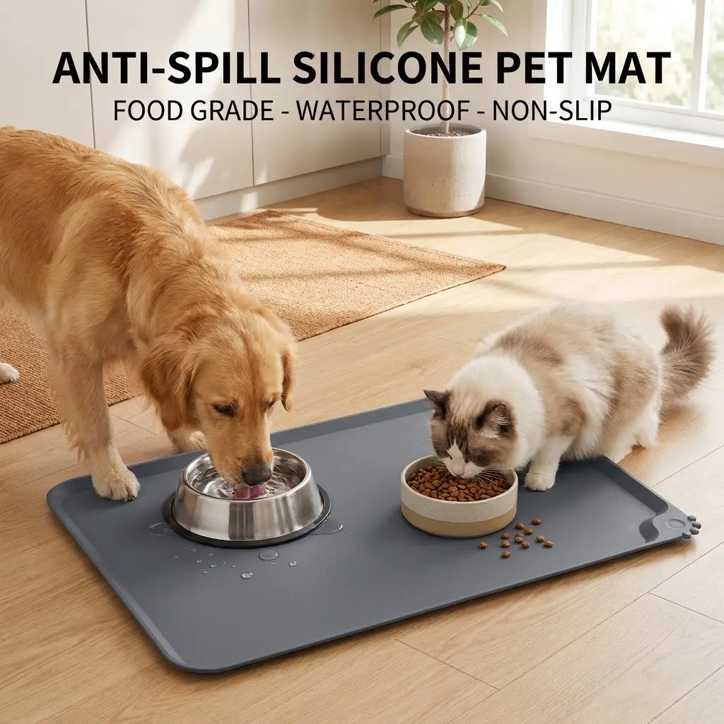 Silicone Pet Feeding Mat with Raised Edge - Anti-Mess, Spill-Proof, Waterproof, Non-Slip Floor Protector Placemat for Dog & Cat Food Bowls, Easy to Clean