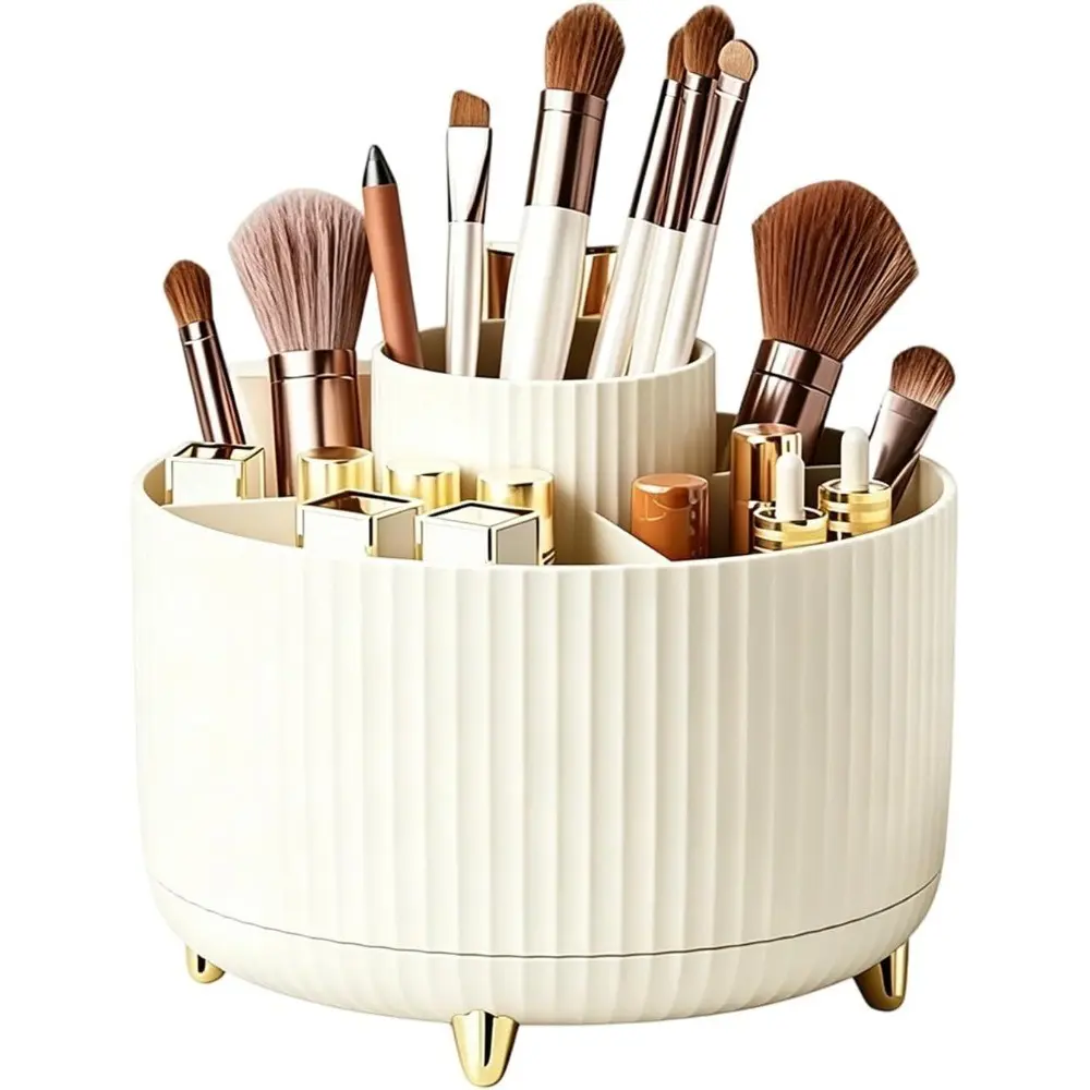 Luxury Vertical Texture 360-Degree Rotating Makeup Storage Box, Multi-Compartment Brush Lipstick Organizer, Vanity Desk Cosmetic Sorter, Rotatable Cosmetic Organizer