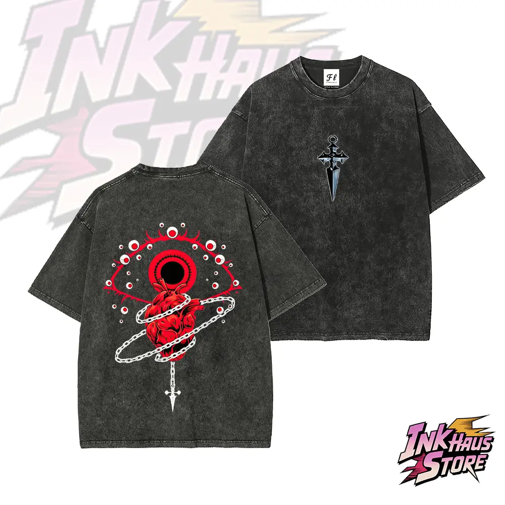 HXH Chrollo Lucilfer Heart Eye Cross Chain--Short Sleeve Cotton Unisex Retro wash Tee