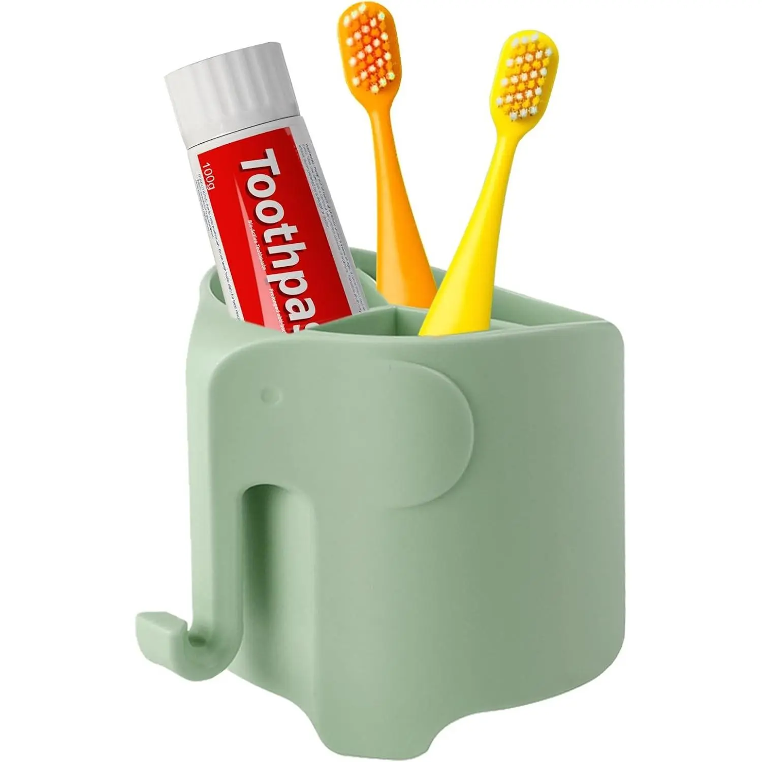 Elephant Toothbrush Holder for Kids,Cute Toddler Toothbrush Holder, Suction Cup Electric Toothbrush and Toothpaste Holder for Toddler with 3 Slots and a Hook for Hanging Bath Ball, Green