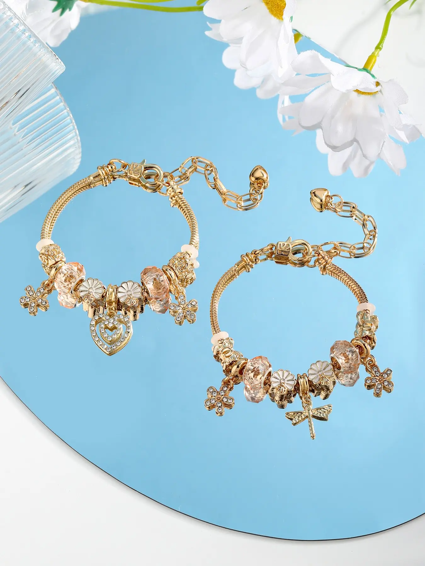 Elegant Flower Dragonfly Heart Pendant Alloy Bracelet, Classic Versatile Design for Women, Perfect for Daily Wear or Gift, Jewelry Bracelets
