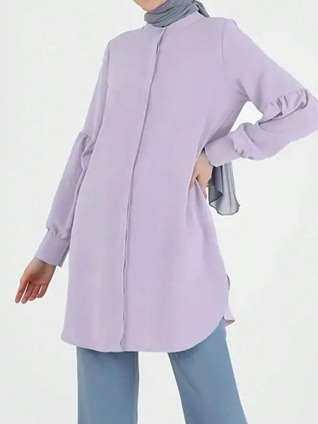 Women's Lavender Stand Collar Long Top + Straight Leg Pants Set, Elegant Muslim Style, Breathable Fabric, Loose Fit, Daily/commute/light Business Wear