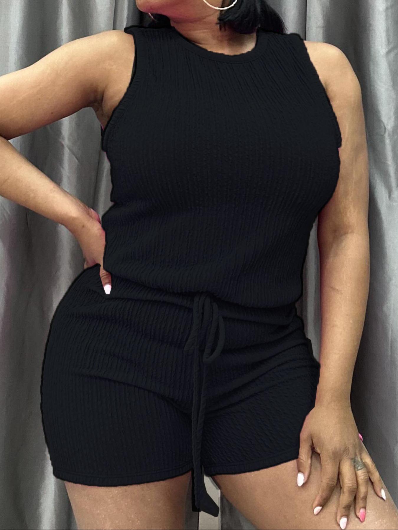 Women's Simple Fashion Solid Color Sporty Casual Tank Top and Shorts Set, Fitted Plain Style Crop Length Non-Outer Vest