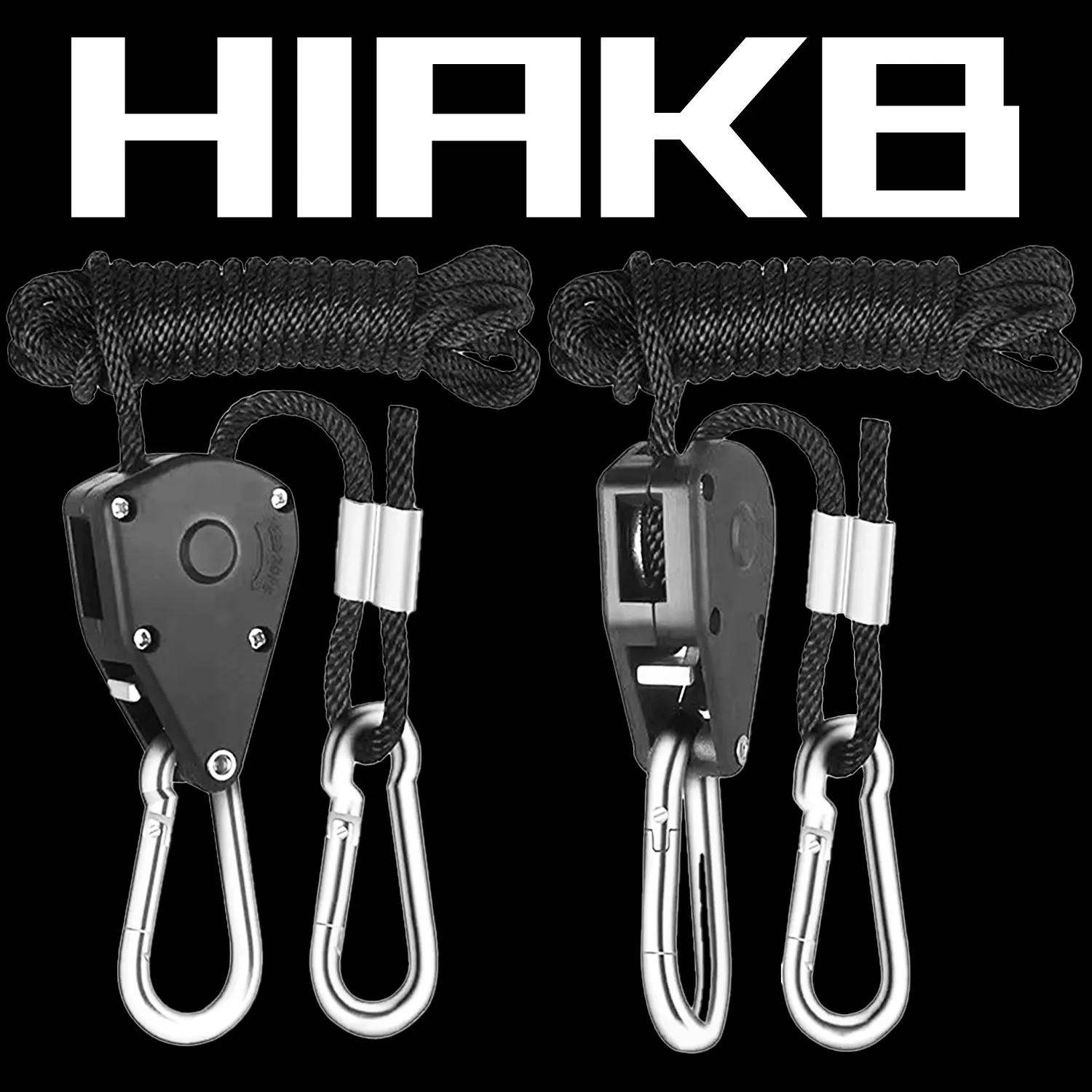 HIAKB 1/8In Heavy Duty Adjustable Rope Clip Hanger - Reinforced Metal Internal Gears, Loose-Proof Design, 8ft Long, 150lbs Weight Capacity, for Growing Light Fixtures & Tie-Down Uses, Black, 1 Pair, 1/8Inch Heavy Duty