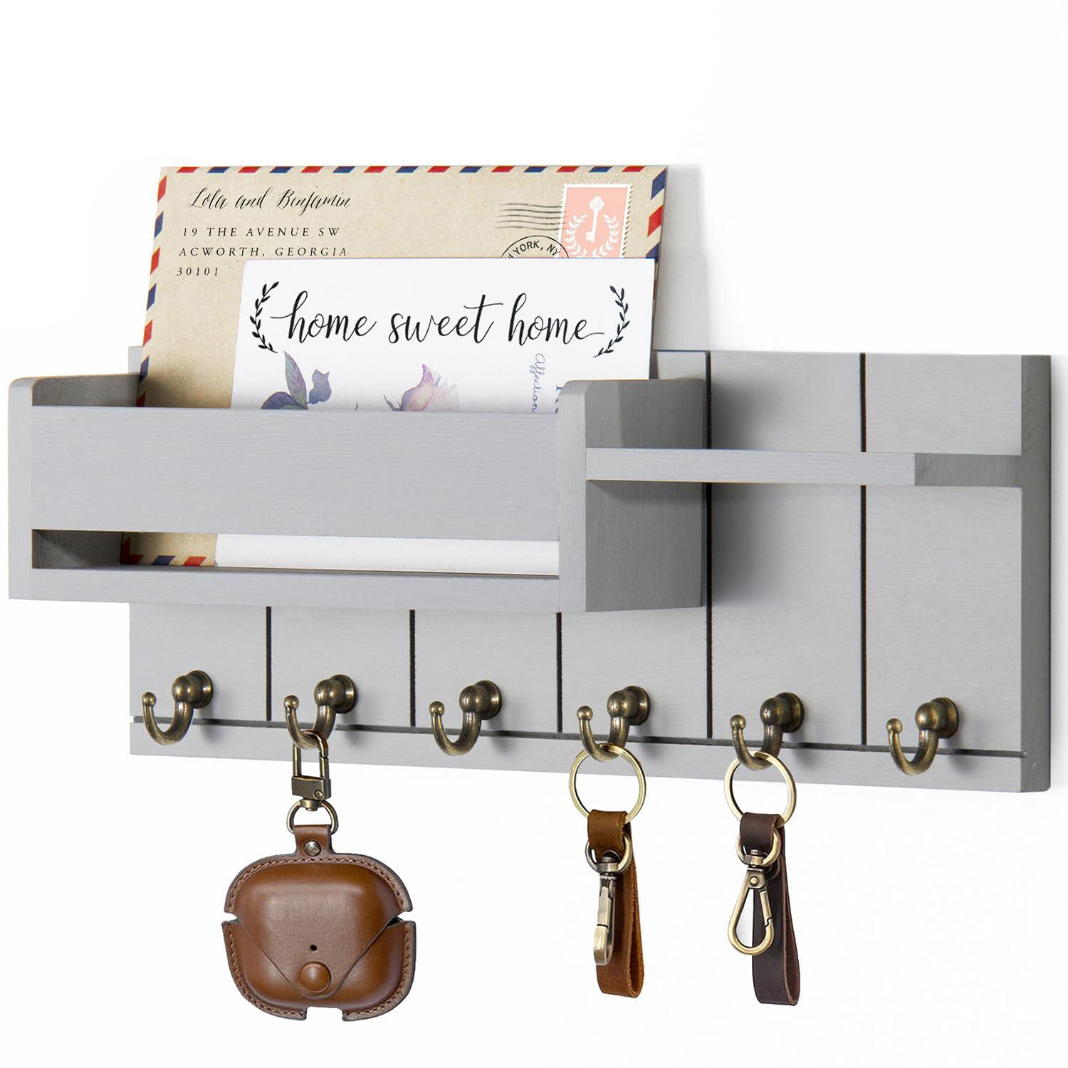 Wall-Mounted Key Organizer, Wooden Wall Shelf with 6 Key Hooks and Mail Sorter, Home Organizer for Entryway and Living Room