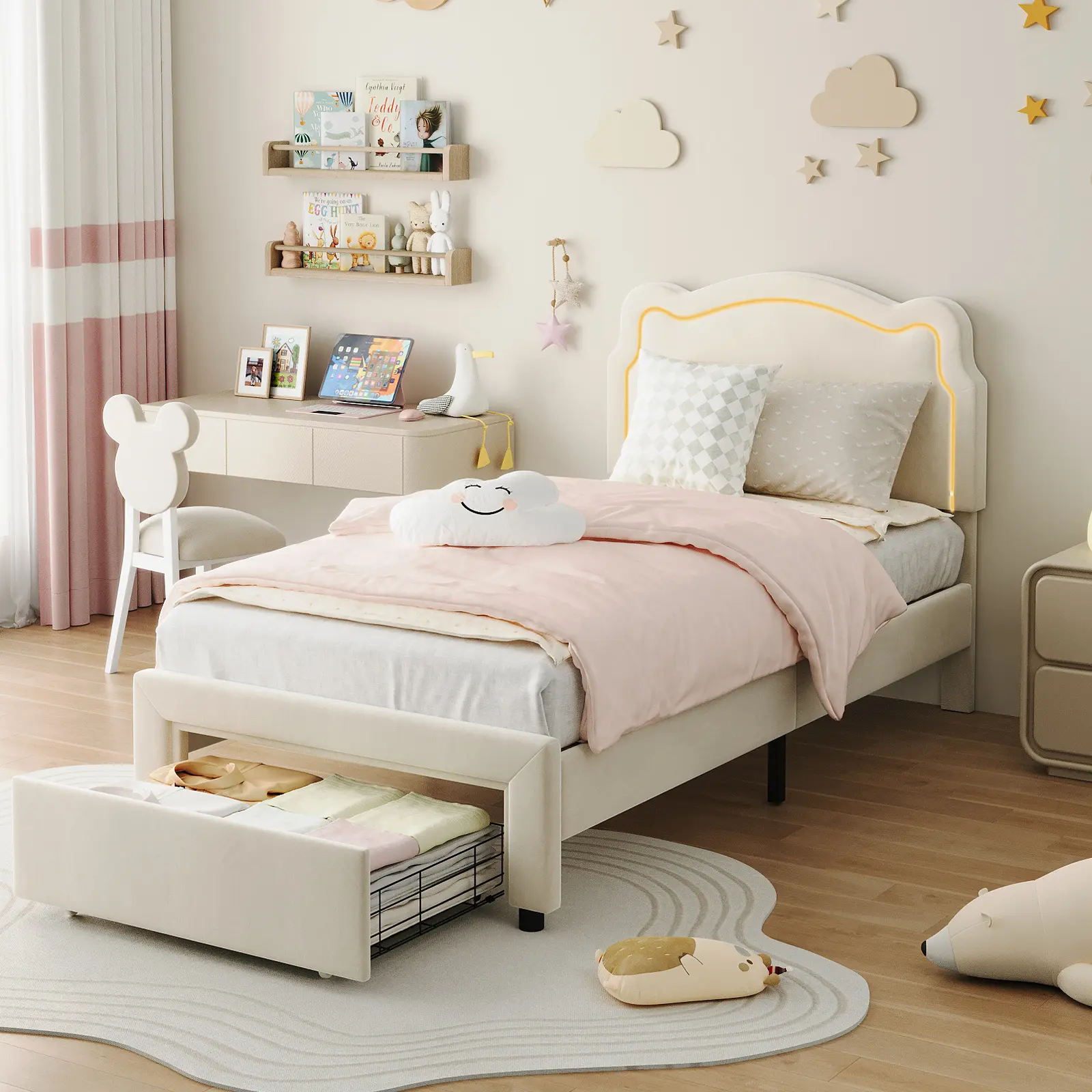 Adjustable LED Bear Headboard Princess Vanity Bench – Fuzzy Soft Upholstered, Kids Twin Size, Storage Drawer, Sturdy Metal & Wood Slats, No Box Spring Needed – Pink/Beige