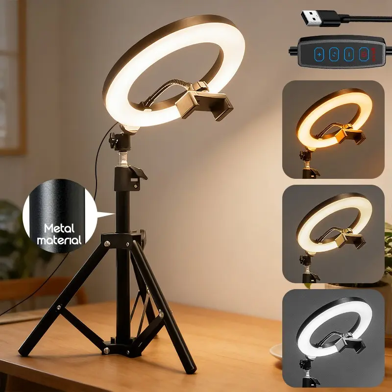 LED Ring Light with Adjustable Metal Tripod Stand, USB LED Live Stream Light, 3 Colors and 10 Brightness Levels, Ideal for Selfies, Photography, Videos, Meetings