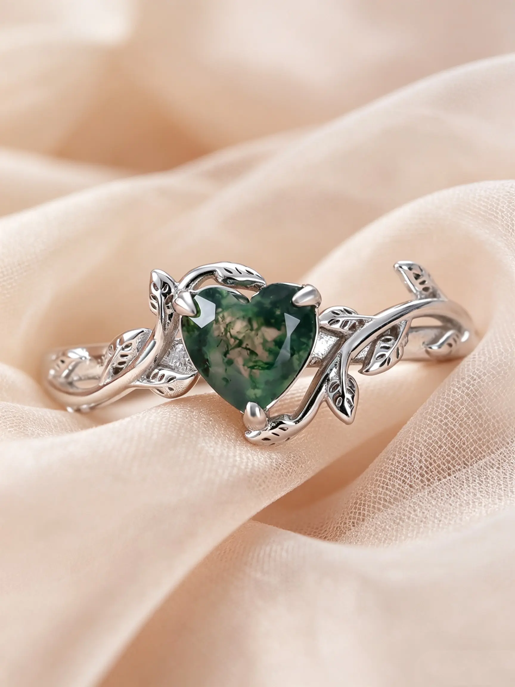 Heart Shaped Green Moss Agate Decor Elegant Ring, Fashion Jewelry for Party, Daily Clothing Decor, Trendy All-match & Exquisite Jewelry for Birthday Gift（with Box）