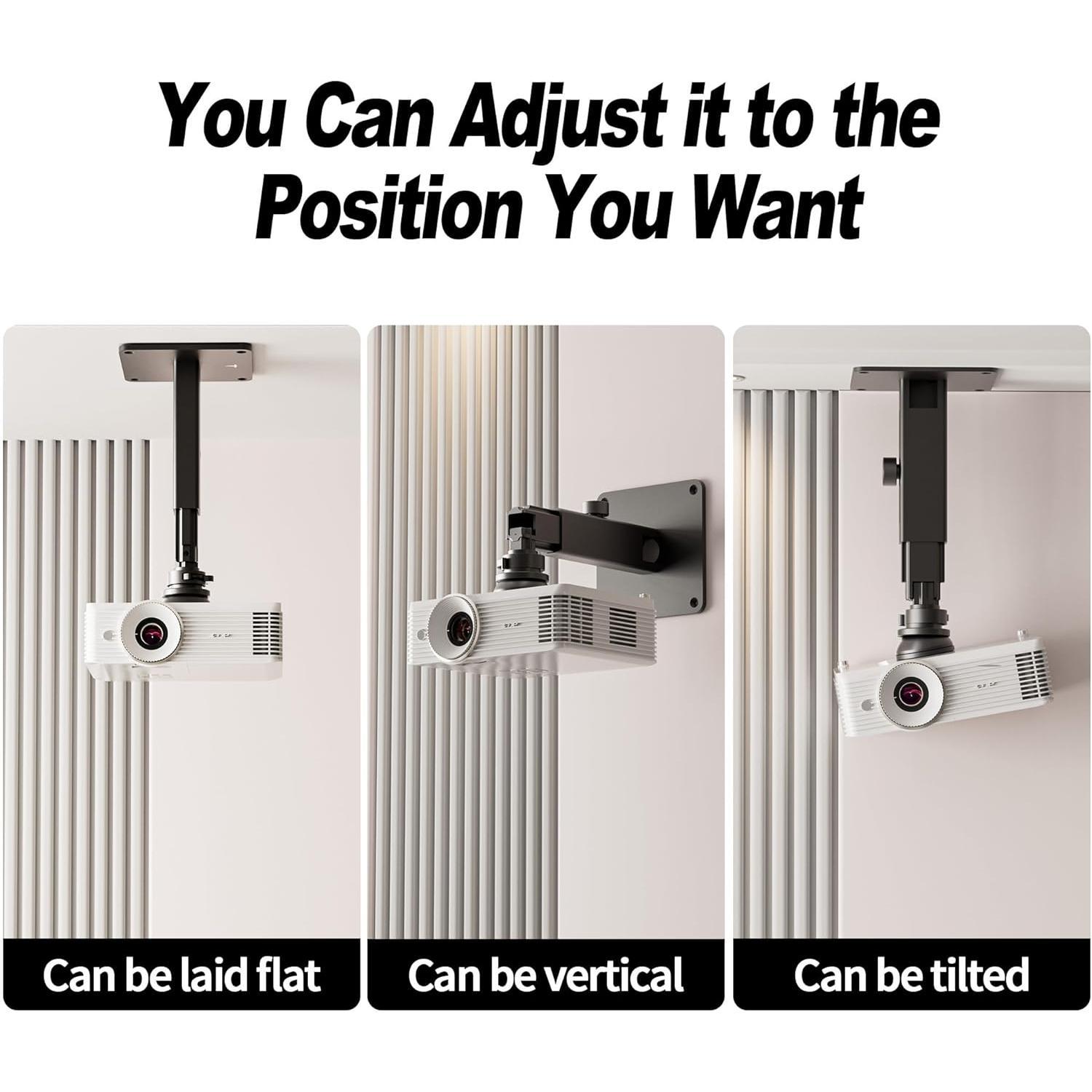 Projector Stand - Single Hole  Height Adjustable Wall Ceiling Mount, Universal Mount with Retractable Arms -  Alloy Material, Load 33 lbs - Black