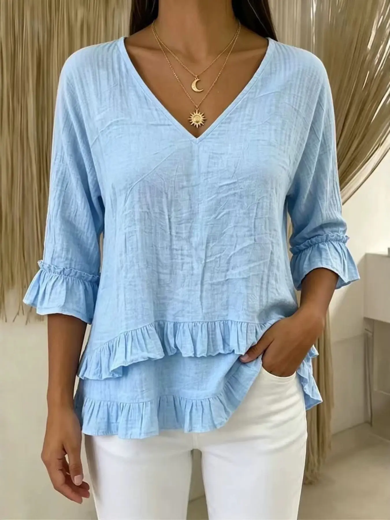 Women's Layered Ruffle V-Neck Top, Casual Loose Fit, Three-Quarter Bell Sleeve, Daily Commute, Beach Vacation Wear