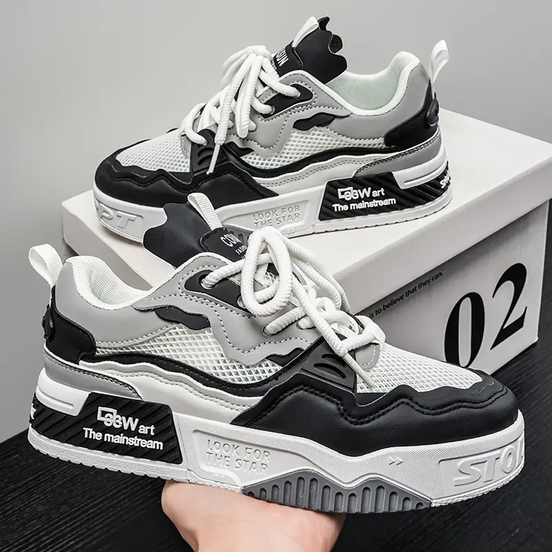 Men's Chunky Retro Sneakers, Breathable Mesh & Dirt-Resistant PU Leather Skate Shoes, Non-Slip Wear-Resistant PVC Sole Platform Board Shoes for Male Students Daily Commute, Streetwear Fashion, Casual Walking