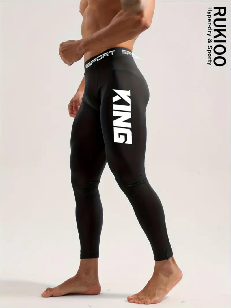 Men's Sports Compression Leggings with Letter Print, Breathable Moisture-wicking Fabric, Tight-fitting Stretchy Activewear for Basketball, Gym, Cycling and Running