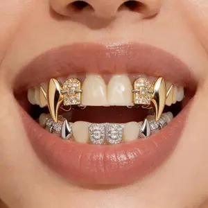 Full Set Gold Plated Zirconia Upper Teeth Grillz Shiny Vampire Fangs Hip Hop Dental Jewelry Novelty Costume Accessory For Halloween Christmas Party Cosplay Gift For Men Women
