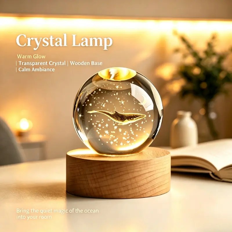 3D Glowing Crystal Ball Lights Warm Tone Gift Crystal Ball Light Christmas Classmates and Kids Birthday Creative Gift With Wooden USB Bas