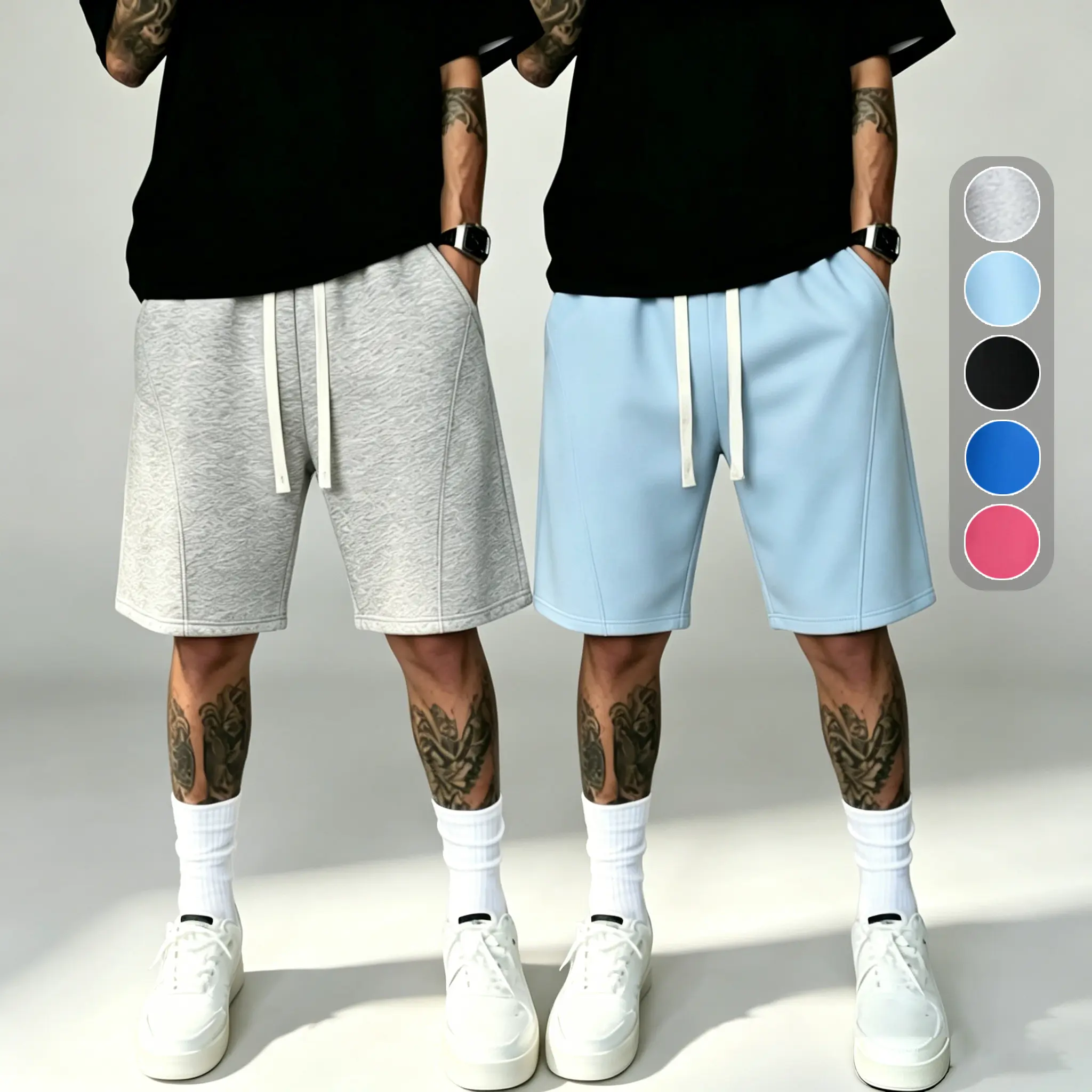Men's American-style minimalist solid-color knitted, soft and breathable loose shorts, street fitness drawstring solid-color knitted casual shorts, men's vertical sense, slimming, commuting, street, home, versatile pants