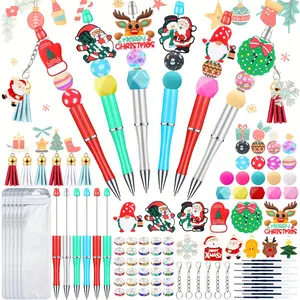 Christmas Beadable Pen Bead Ballpoint Pen Gel Ink Pen with Colorful Beads Rhinestone Beads for Xmas DIY Crafts Office Christmas Gifts Party Supplies