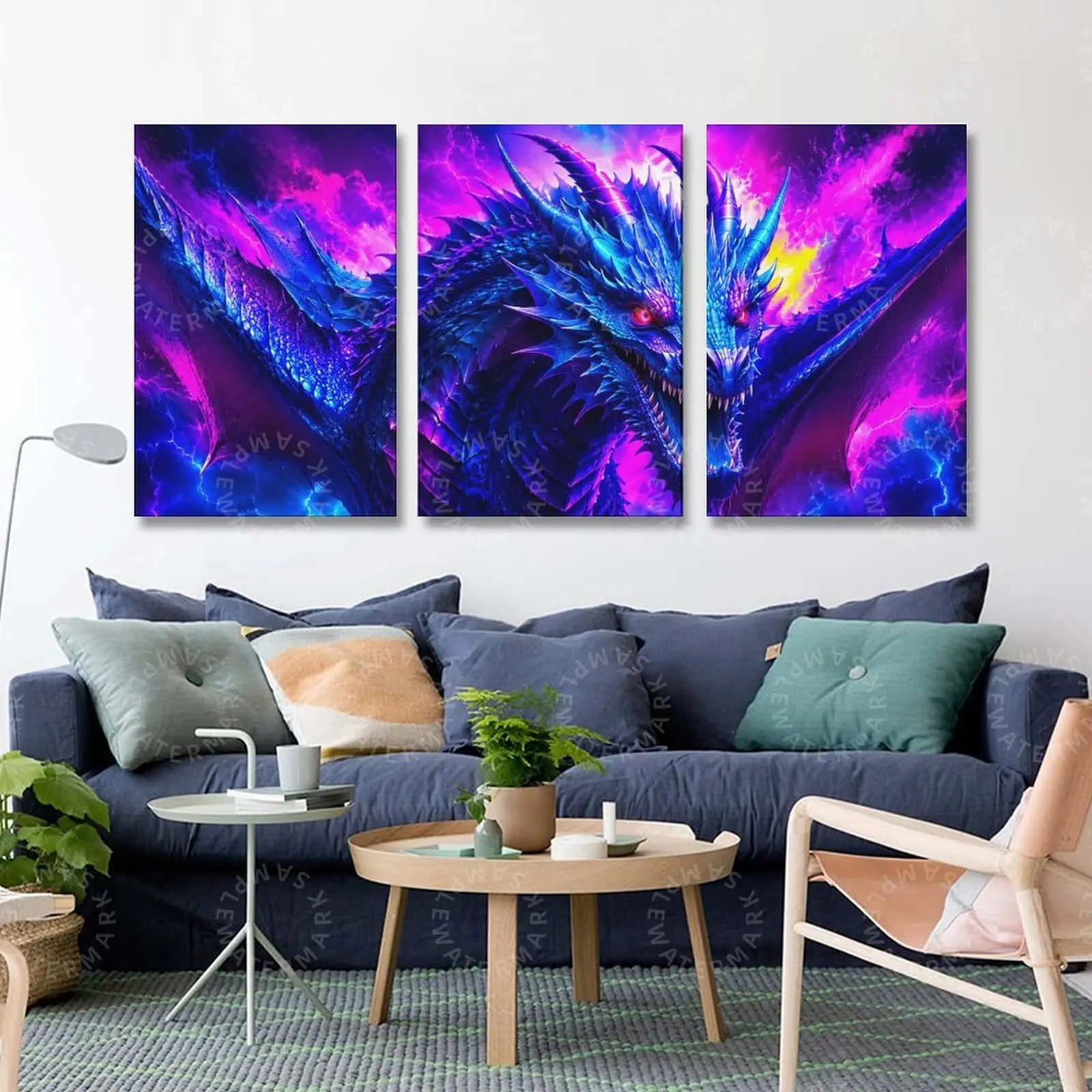 Neon Dragon Triptych Wall Art, Blue Purple Fantasy Canvas Poster Set, Vibrant Mythical Creature Print, Gaming Room Decor, Bedroom Wall Art, Living Room Decor, Teen Room Aesthetic, Office Wall Art Gift