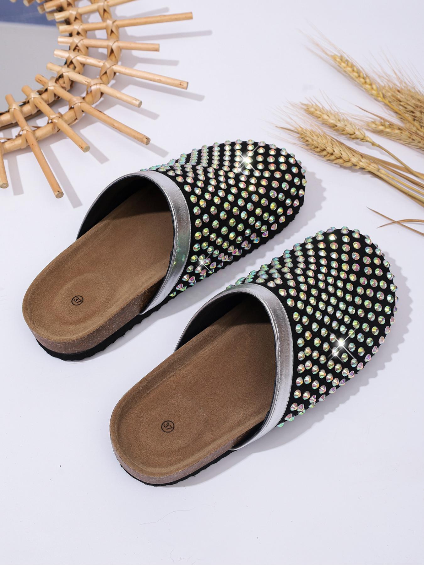 Women's Rhinestone Decorated Slip-On Mules, Anti-Slip Thick Sole, Fashionable Indoor & Outdoor Casual Shoes, Comfortable One-Step Design, Thick Bottom Slippers