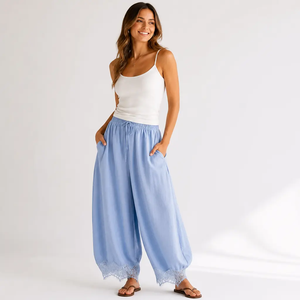Lace Satin Pants Cropped Boho Beach Pant 2026 Summer Sale Fall Fashion Pants Drawstring High Waist Wide Leg Pants Summer Lightweight Lounge Trousers Casual Elastic Waisted Vacation Outfits with Pockets
