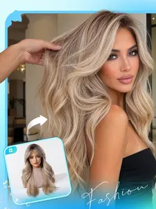 Light Gold Gradient Wavy Wig, 24 Inch Full Headpiece for Women, Bangs for Face Shape, Synthetic Fiber, Daily Wear, Events