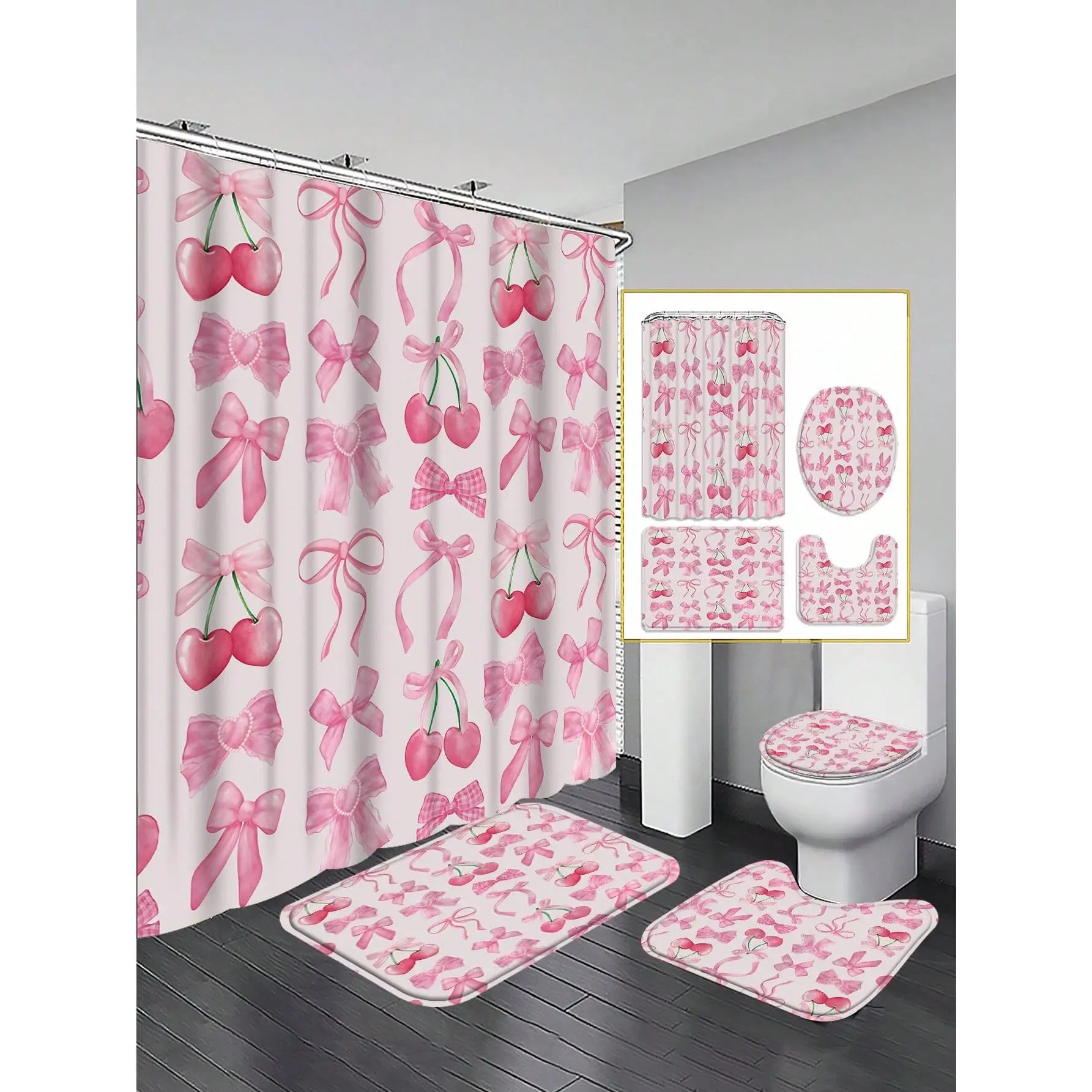 Flannel 4PCS Full Set Shower Curtain Set - Retro Polyester Print, Waterproof Bathtub Partition, 12 Hanging Hooks, Non-Slip Bath Mat, U-Shaped Toilet Pad, Toilet Lid Cover, Washable, Long Service Life Bathroom Decor Accessories