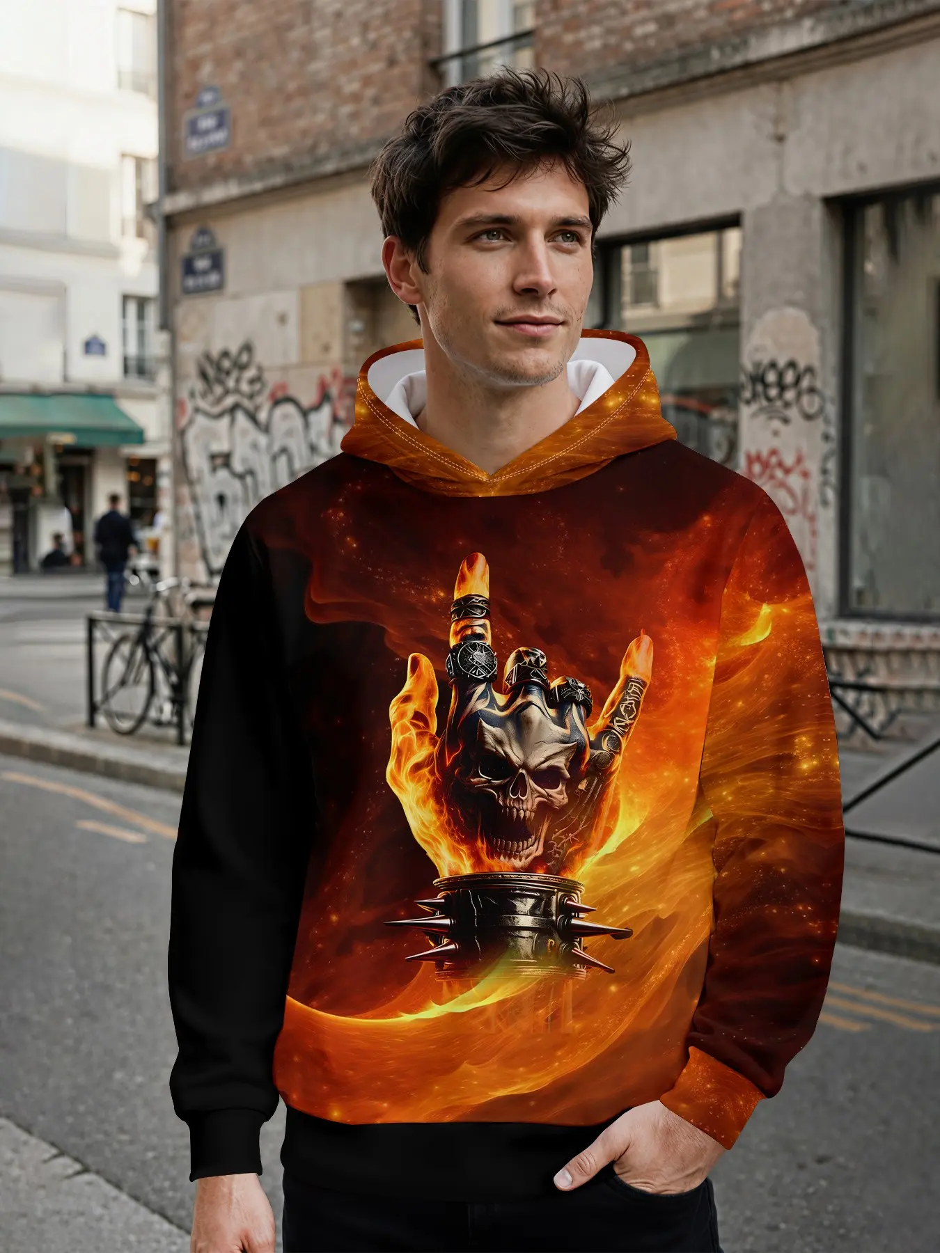Men's Hooded Sweatshirt, Flame Punk Skull Metal Hand Print, 3D Digital Print, Casual Spring & Fall Wear, Perfect Gift for Men