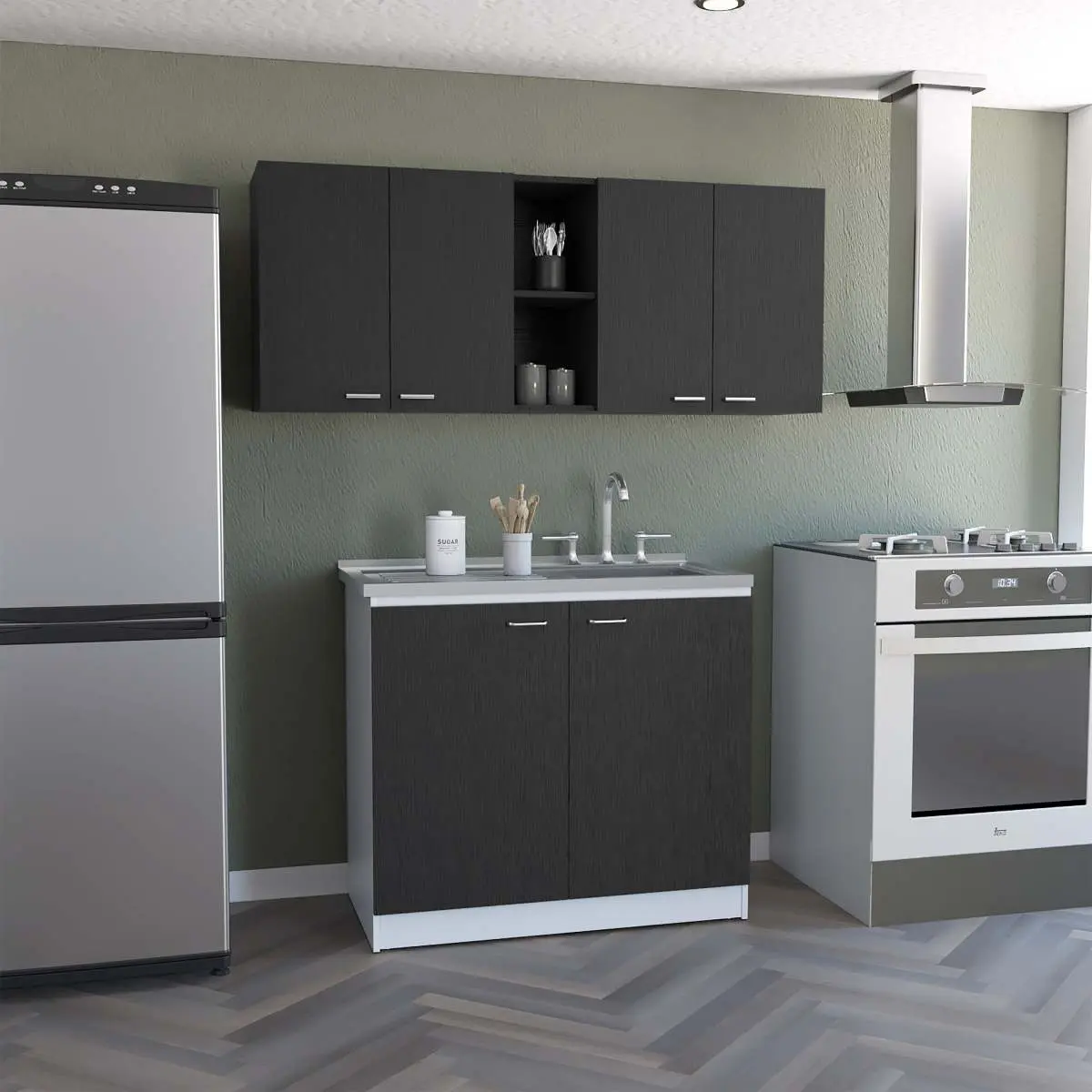 Olimpo 150 Wall Cabinet & Salento Utility Sink With Cabinet 2-Piece Black/White Kitchen Set, Easy Setup, Particle Board, 42.9 * 23.5 * 5.9 In, Assembly Required, Combo Item
