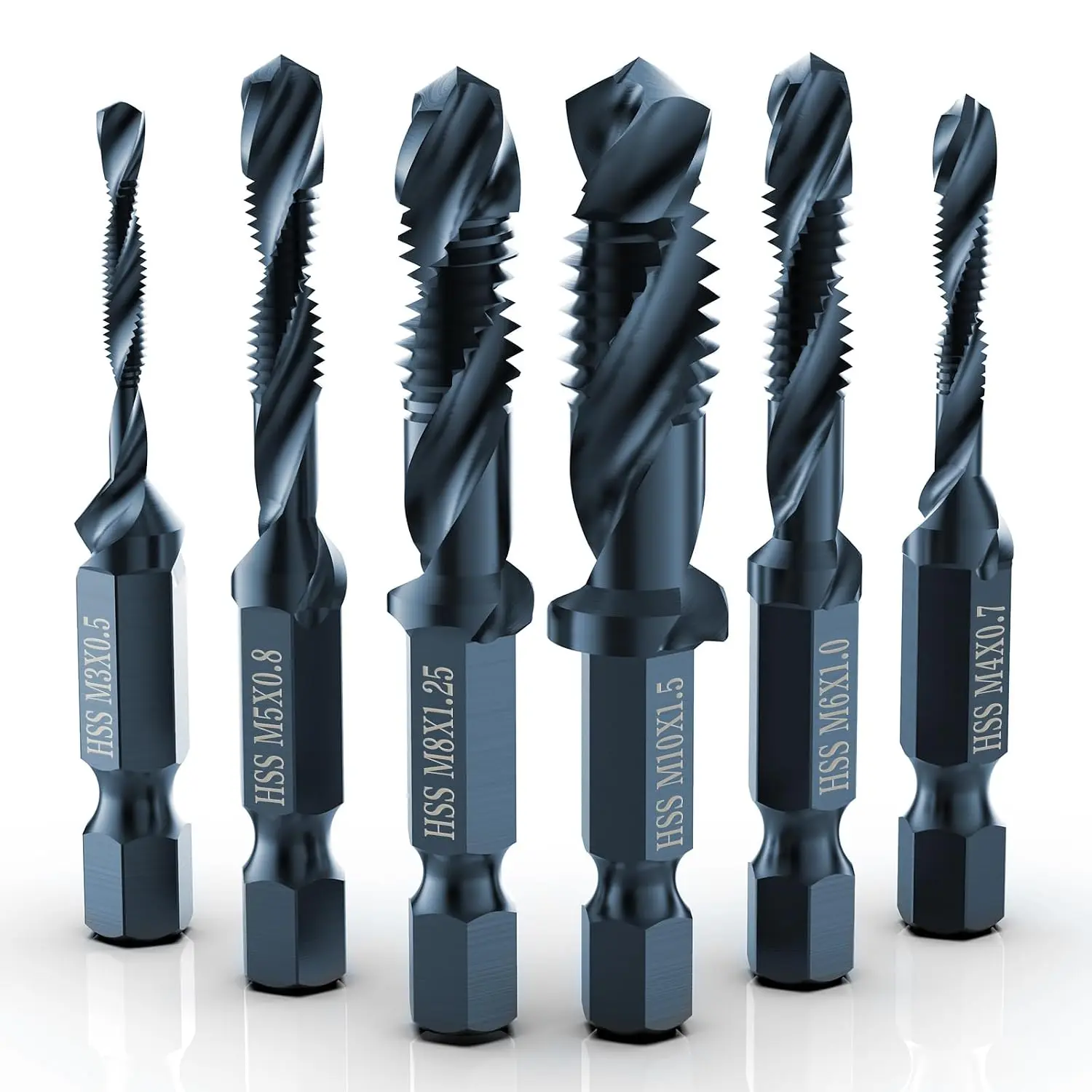 Combination Drill Tap & Tap Bit Set, 6 Pack 3-in-1 Anti-Rust Black Titanium Coated Screw Tapping Bit Tool in Metric Size M3 M4 M5 M6 M8 M10, 1/4" Hex Shank and Storage Case