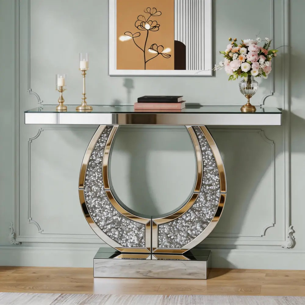 45 Inch Mirrored Console Table with Crushed Diamond Inlaid in Mirror Groove, O-Shaped Glam Sofa Behind Table, Modern Silver Glass Entryway Table for Hallway Living Room Luxury Decor Console Desk