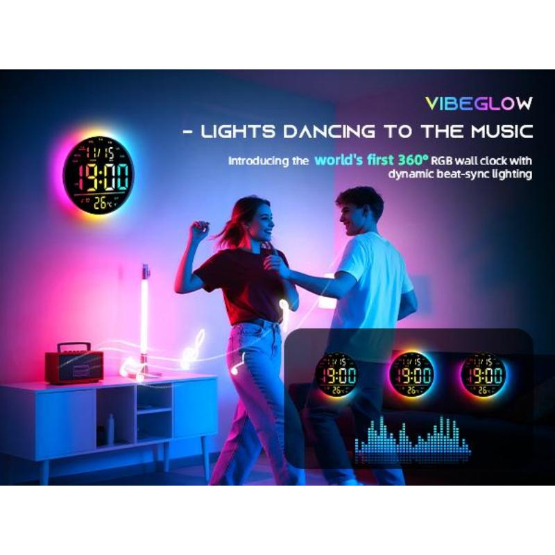 EASYERA 10" Large Circle Digital Wall Clock with Remote Control, Music-Sync, Round clock with RGB Atmosphere Lights with 11 Scenes Mode, Dual Alarms, Timer Clock for ADHD, Focus Tool, Classroom, Game Decor Goods Auto Dst Adjustment.